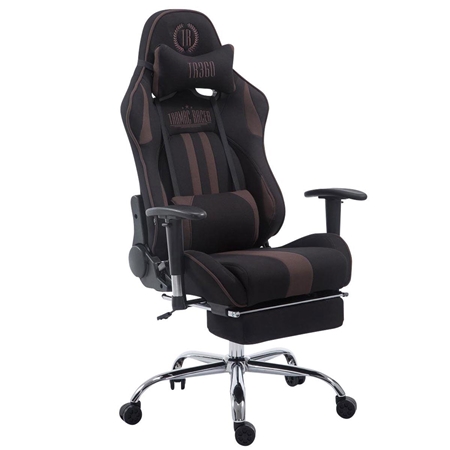 DEMO# Silla Gaming LOGAN TELA con Reposapiés, Respaldo Reclinable, Cojines Incluidos, Base de Metal, En Negro/Marrón